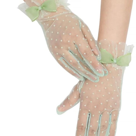Polka Dot Lace Gloves with Bow Tulle Short Elegant Wedding Bridal Prom - Picture 1 of 7